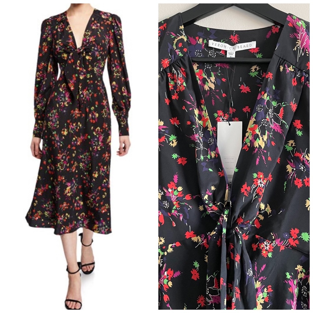 Veronica Beard Amber Long-Sleeve Floral Tie-Front Silk Dress